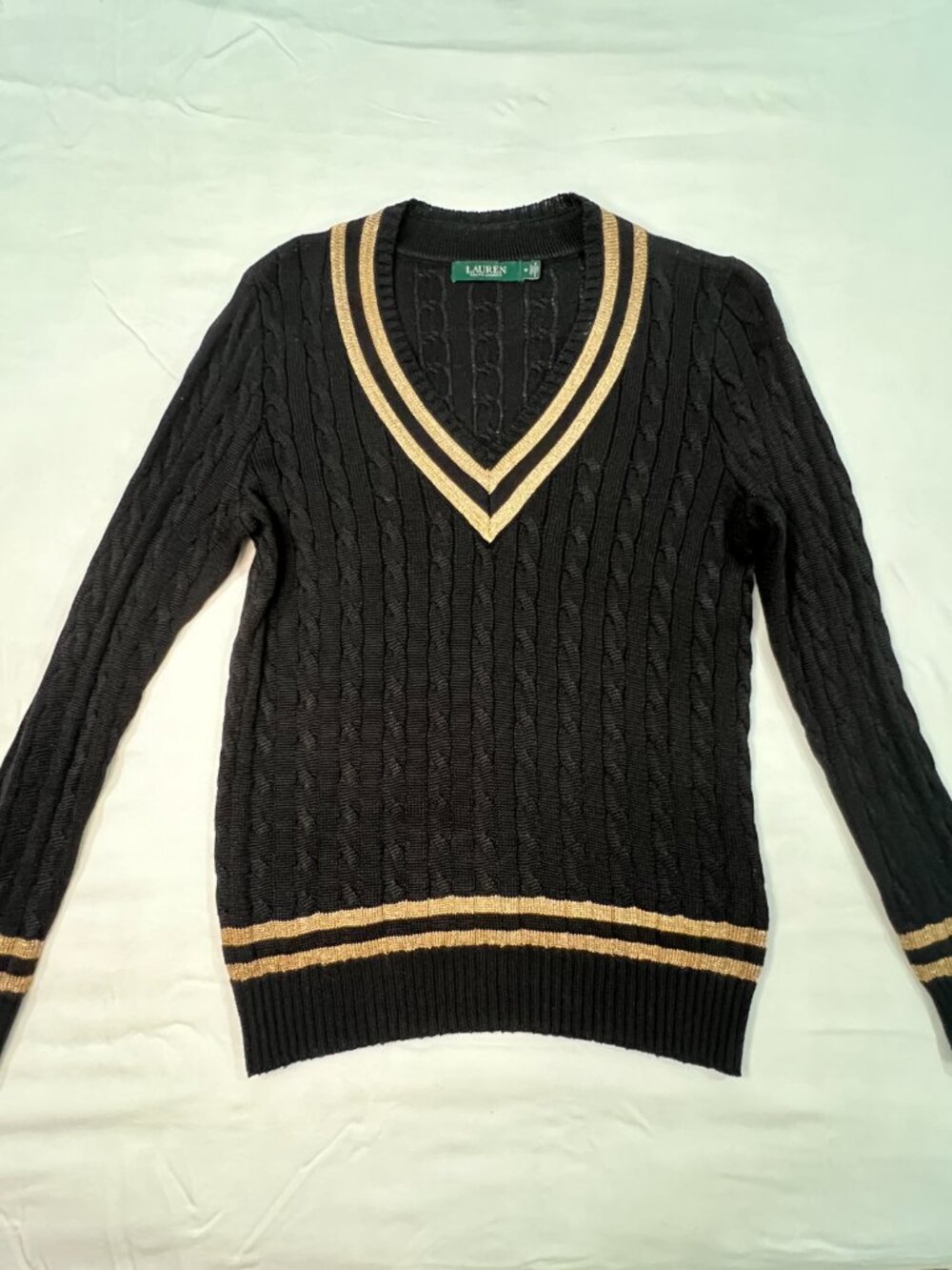 Lauren Ralph Lauren Black Gold Cable Knit Cricket Sweater M